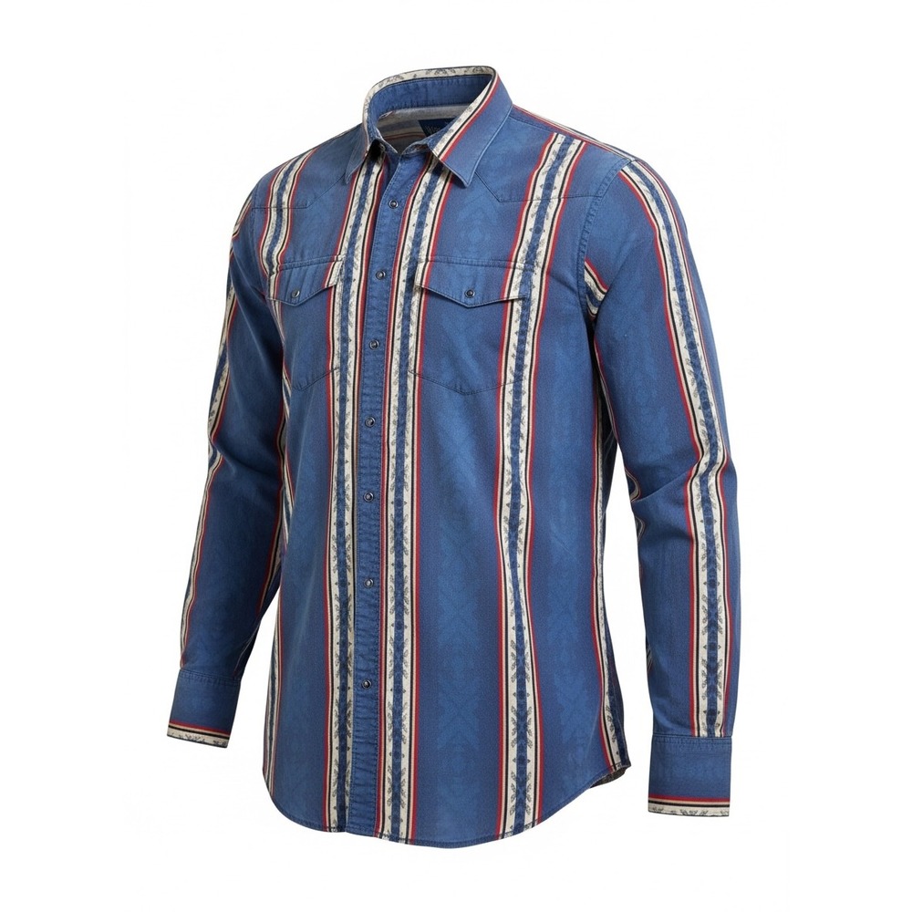 Vintage 90s Wrangler Western Shirt 2XLT Tall Long Blue Aztec Stripe Pearl Snap